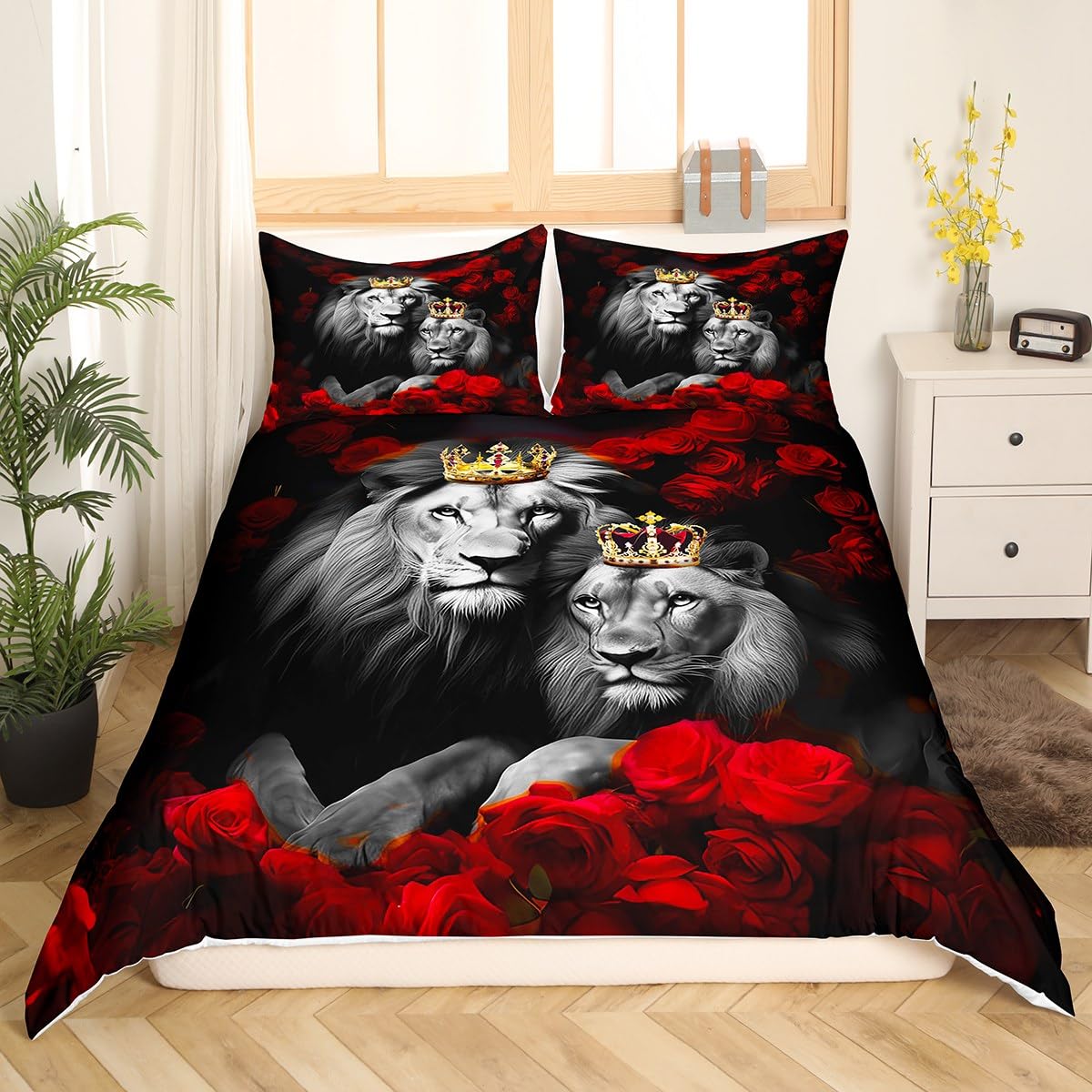 jejeloiu Wild Lion Couple Bedding Set Queen Size Couple Red Rose Floral Comforter Cover Set for Girls Women Lover Gold King and Queen Crown Duvet Cover Valentine's Day Bedspread Cover Room Decor