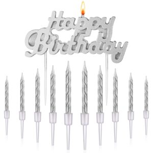 mtlee happy birthday candles for cake birthday candle topper with 10 pcs 2.95 inch candles short thin spiral candles for cake topper birthday decoration party supplies (silver)