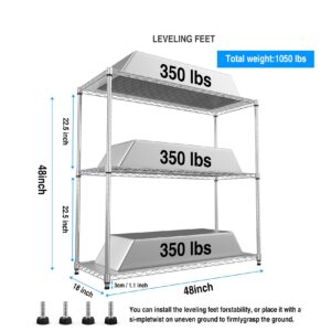 pouseayar Metal Shelf Wire Shelving Unit, 3 Tier NSF 1050lbs Capacity Heavy Duty Adjustable Storage Rack with Shelf Liners for Kitchen Garage Basement, 48" H x 48" L x 18" D - Chrome