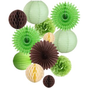 12pcs green and brown party decorations paper tissue pom poms honeycomb balls paper fans hanging deco green lanterns for jungle safari summer birthday wedding party