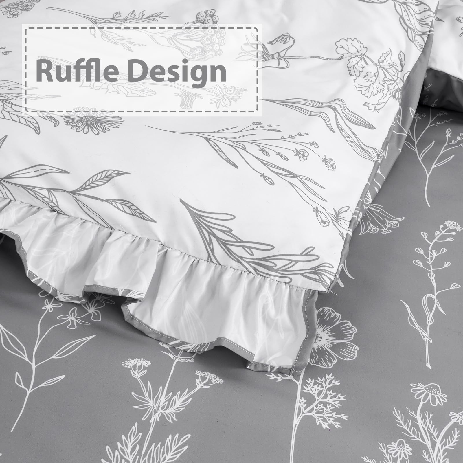 ASPMIZ Floral Duvet Cover Set Queen Size - 3 Pieces Grey Ruffle Comforter Covers, Botanical Flower Bedding Cover Set, Soft Leaves Cover Set with Double Sided Pattern (1 Duvet Cover, 2 Pillow Shams)