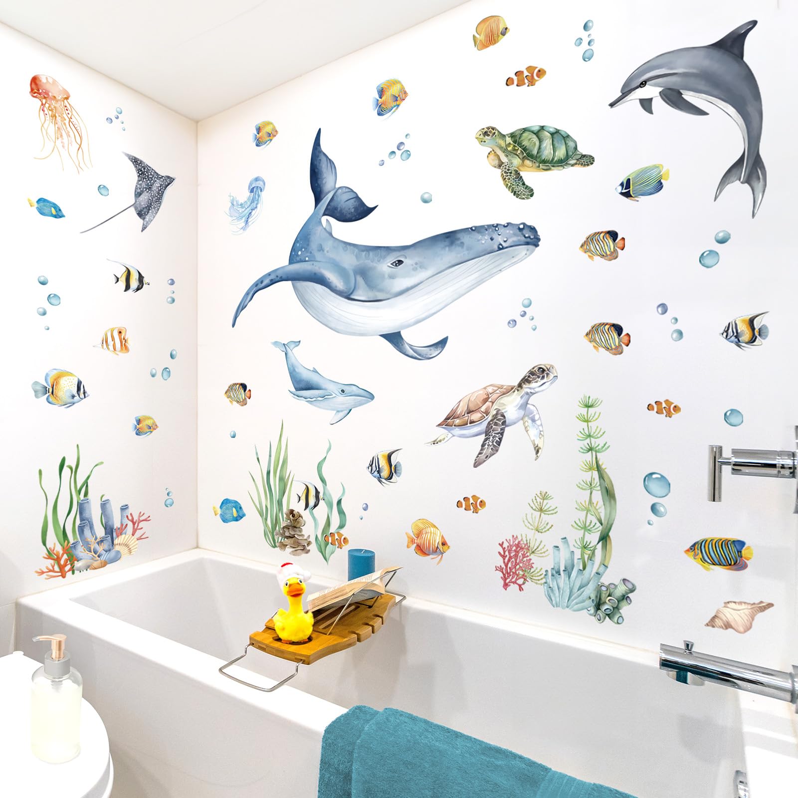 decalmile Watercolor Under The Sea Whale Wall Stickers Ocean Fish Sea Turtle Seaweed Underwater Wall Decals Bathroom Baby Nursery Bedroom Wall Decor