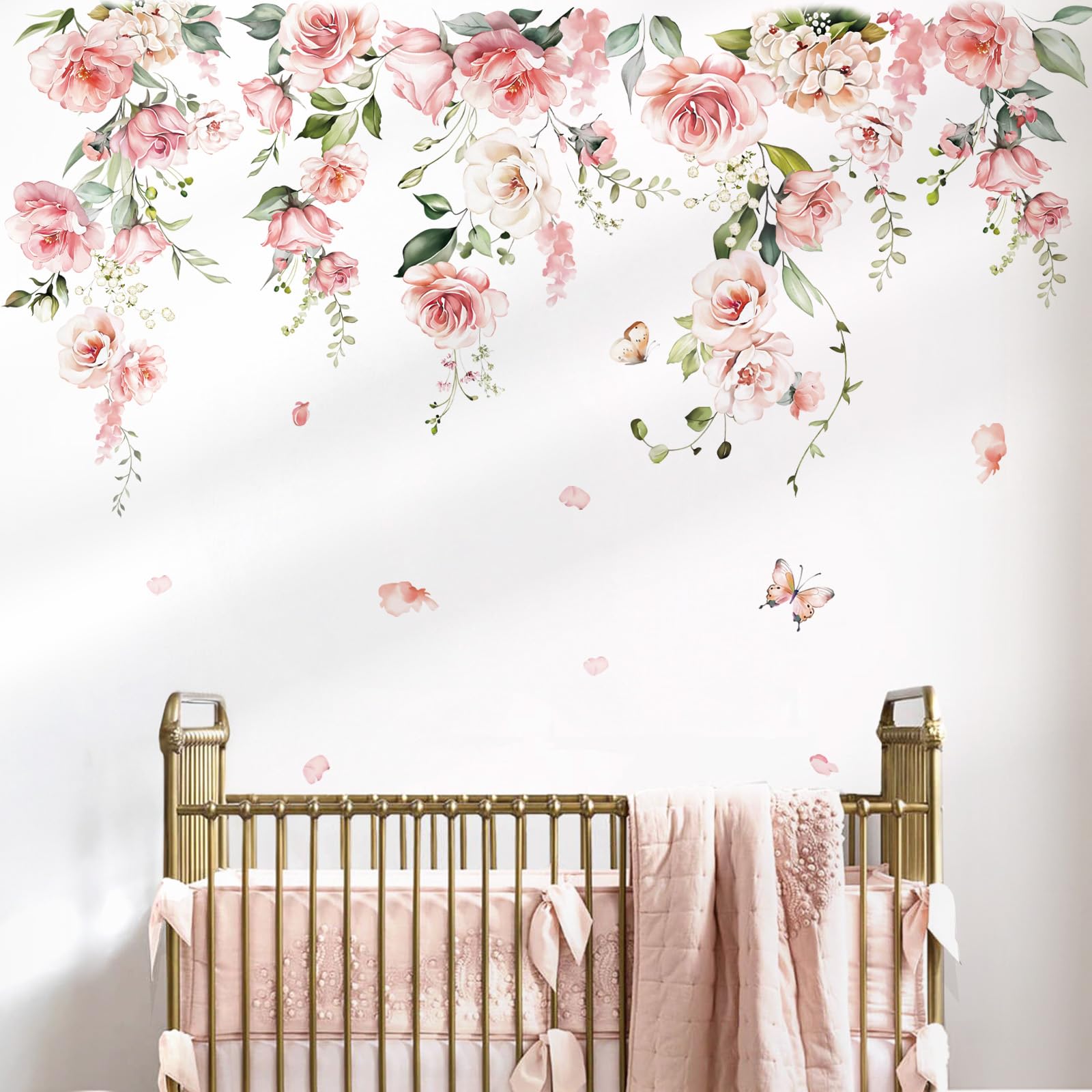 decalmile Spring Large Pink Flower Wall Decals Hanging Vine Floral Wall Stickers Baby Nursery Girls Bedroom Living Room Wall Decor