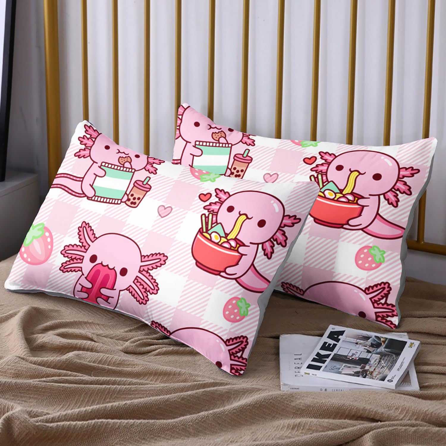 HOSIMA Axolotl Fitted Sheet Set Twin Size for Kids Girls,Pink Cartoon Axolotl Eat Dessert Printing Bedding Set Twin Size for Princess Bedroom Decor,1 Fitted Sheet+2 Pillowcases.