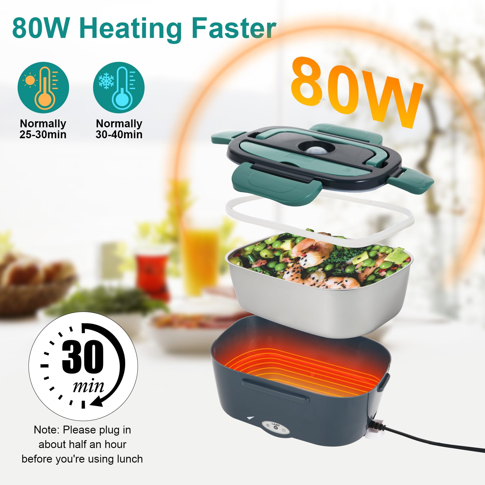 SOHIDA Electric Lunch Box Food Heater, 80W Portable Warmer for Car Truck Work with 304 Stainless Steel Container, 12V/24V/110V Green Heated Lunch Box Suitable for Ideal Driver/Work/Gift