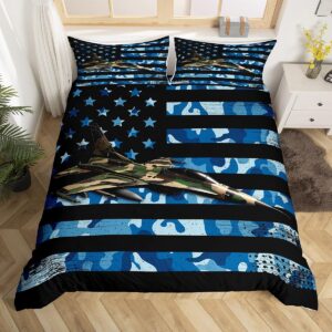 manfei airplane duvet cover set twin size, army camouflage aircraft bedding set 2pcs for kids boy bedroom decor, blue camo american flag comforter cover soft polyester quilt cover with 1 pillowcase