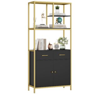 hithos 71" tall bookshelf, modern white and gold bookcase, book shelves with drawers and storage cabinet, metal etagere bookcase display shelves for home office, gold/black