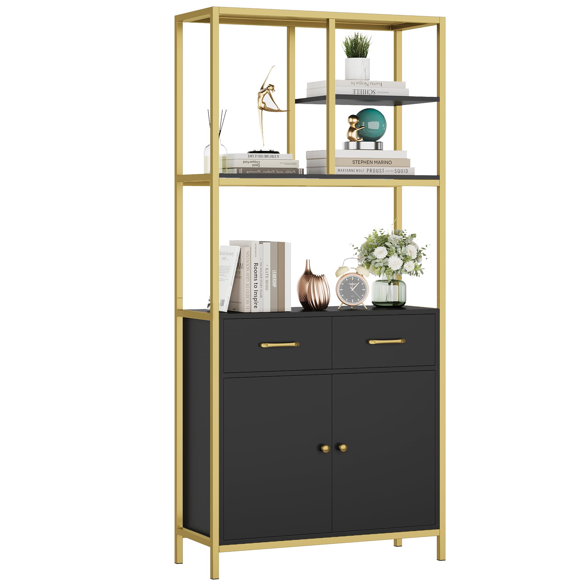 HITHOS 71" Tall Bookshelf, Modern White and Gold Bookcase, Book Shelves with Drawers and Storage Cabinet, Metal Etagere Bookcase Display Shelves for Home Office, Gold/Black