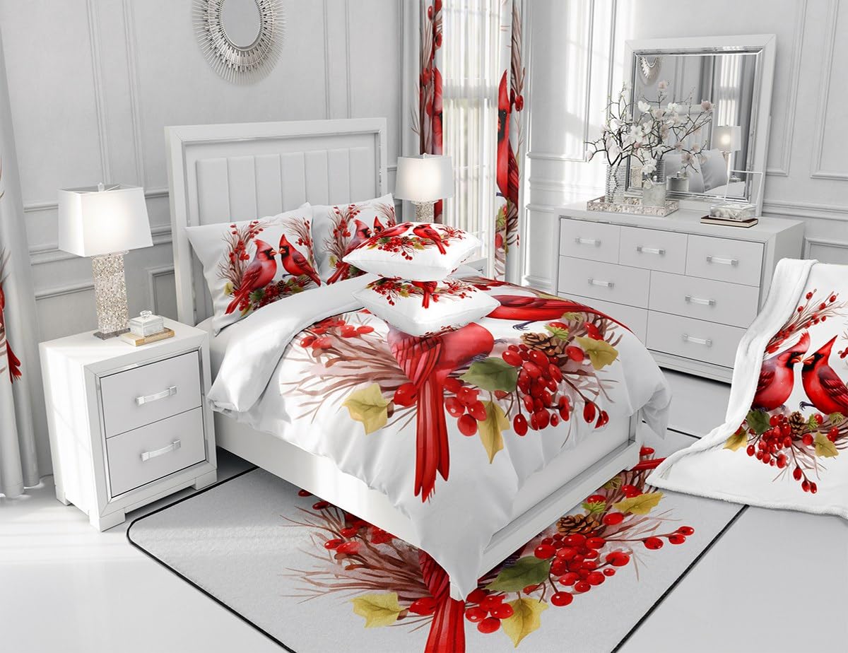 jejeloiu Red Cardinals Bedding Set Queen Size Kids Pine Cones Comforter Cover Set for Boys Girls Teens Cute Birds Duvet Cover Romantic Love Bedspread Cover Room Decorations Quilt Cover