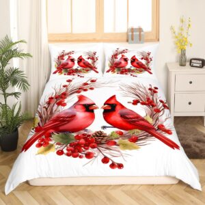 jejeloiu Red Cardinals Bedding Set Queen Size Kids Pine Cones Comforter Cover Set for Boys Girls Teens Cute Birds Duvet Cover Romantic Love Bedspread Cover Room Decorations Quilt Cover