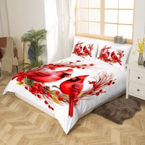 jejeloiu Red Cardinals Bedding Set Queen Size Kids Pine Cones Comforter Cover Set for Boys Girls Teens Cute Birds Duvet Cover Romantic Love Bedspread Cover Room Decorations Quilt Cover