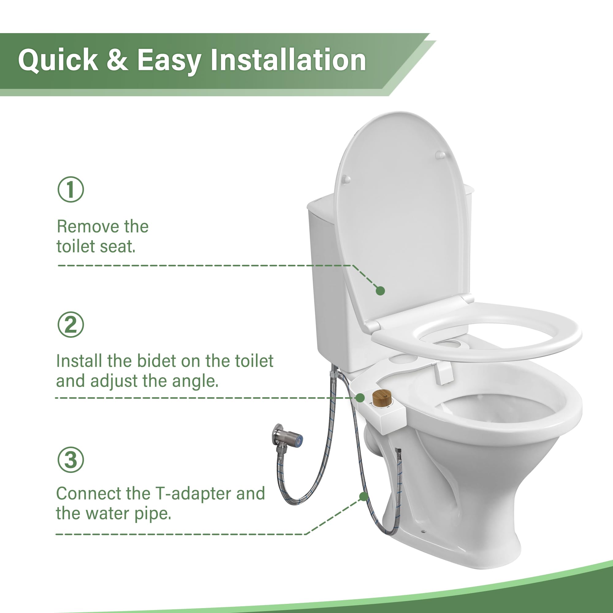 Jecatiy Bidet Attachment, Non-Electric Dual Nozzle Cold Water Bidet Attachment for Toilet Seat, Adjustable Water Pressure, Rear and Feminine Wash, Right or Left Hand Control