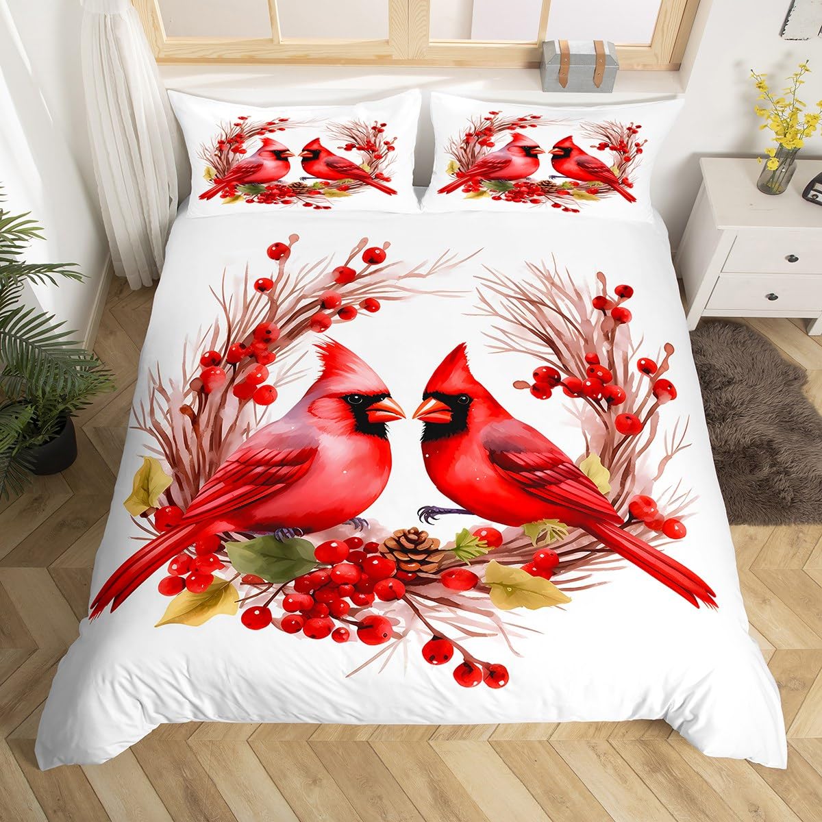 jejeloiu Red Cardinals Bedding Set Queen Size Kids Pine Cones Comforter Cover Set for Boys Girls Teens Cute Birds Duvet Cover Romantic Love Bedspread Cover Room Decorations Quilt Cover