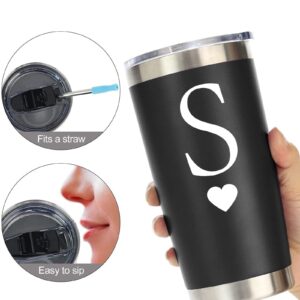 COFOZA Initial Gifts for Woman Men Letter S 20oz Stainless Steel Black Tumbler Cup Monogram Mug Personalized Birthday Graduation Wedding Bridesmaid Groomsman Proposal Engagement Christmas Gift (S)