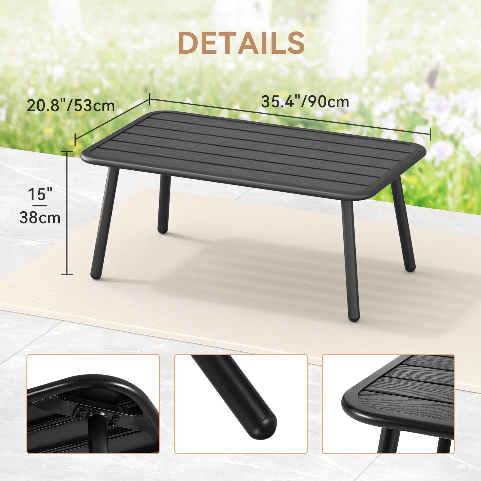 C-Hopetree Small Rectangle Metal Outdoor Side Coffee Table for Outside Patio, Black Slat Top