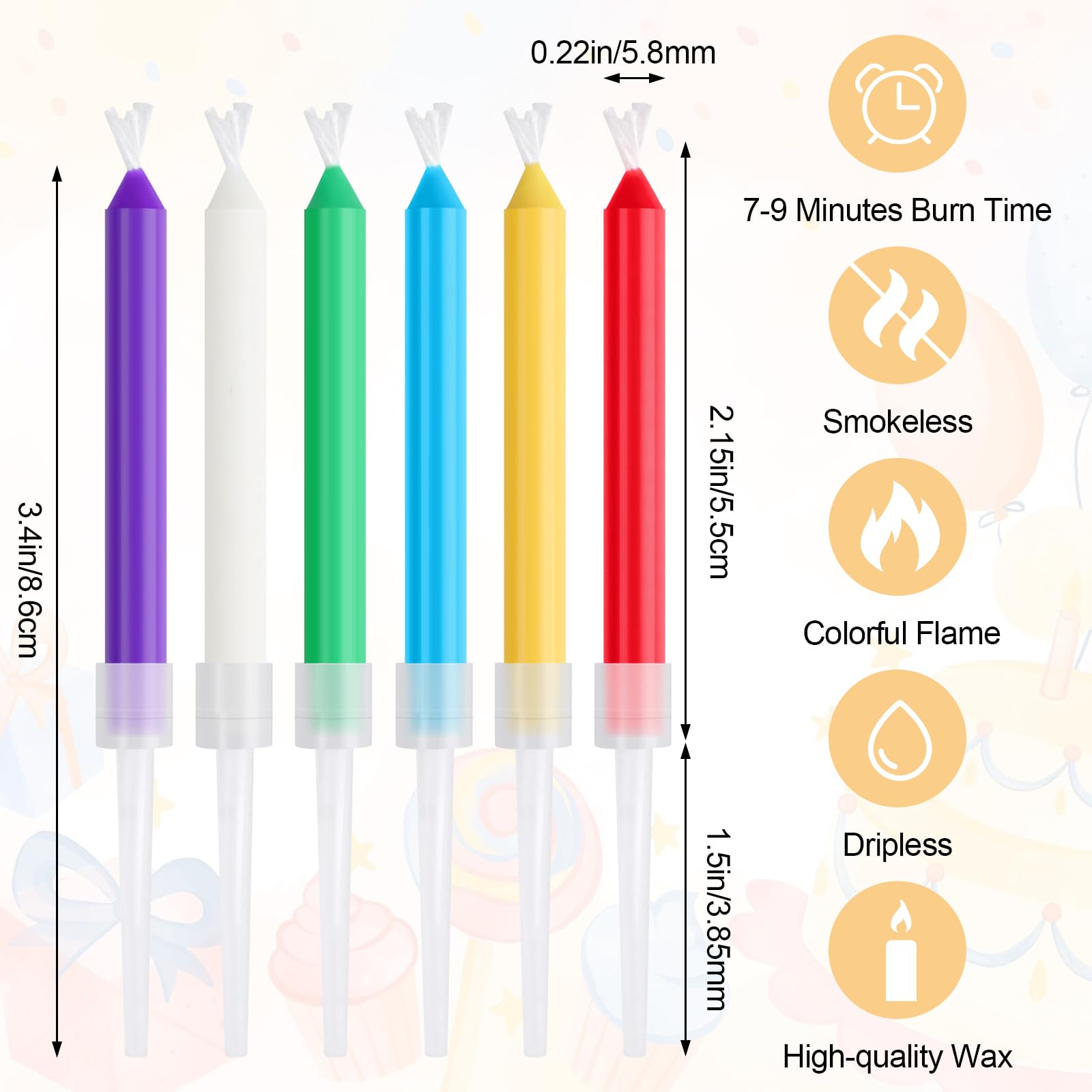 Phinus 18pcs Colorful Flame Birthday Candles, 2.2in Colorful Birthday Candles for Cake, Birthday Candles Colorful Candles Holders Included