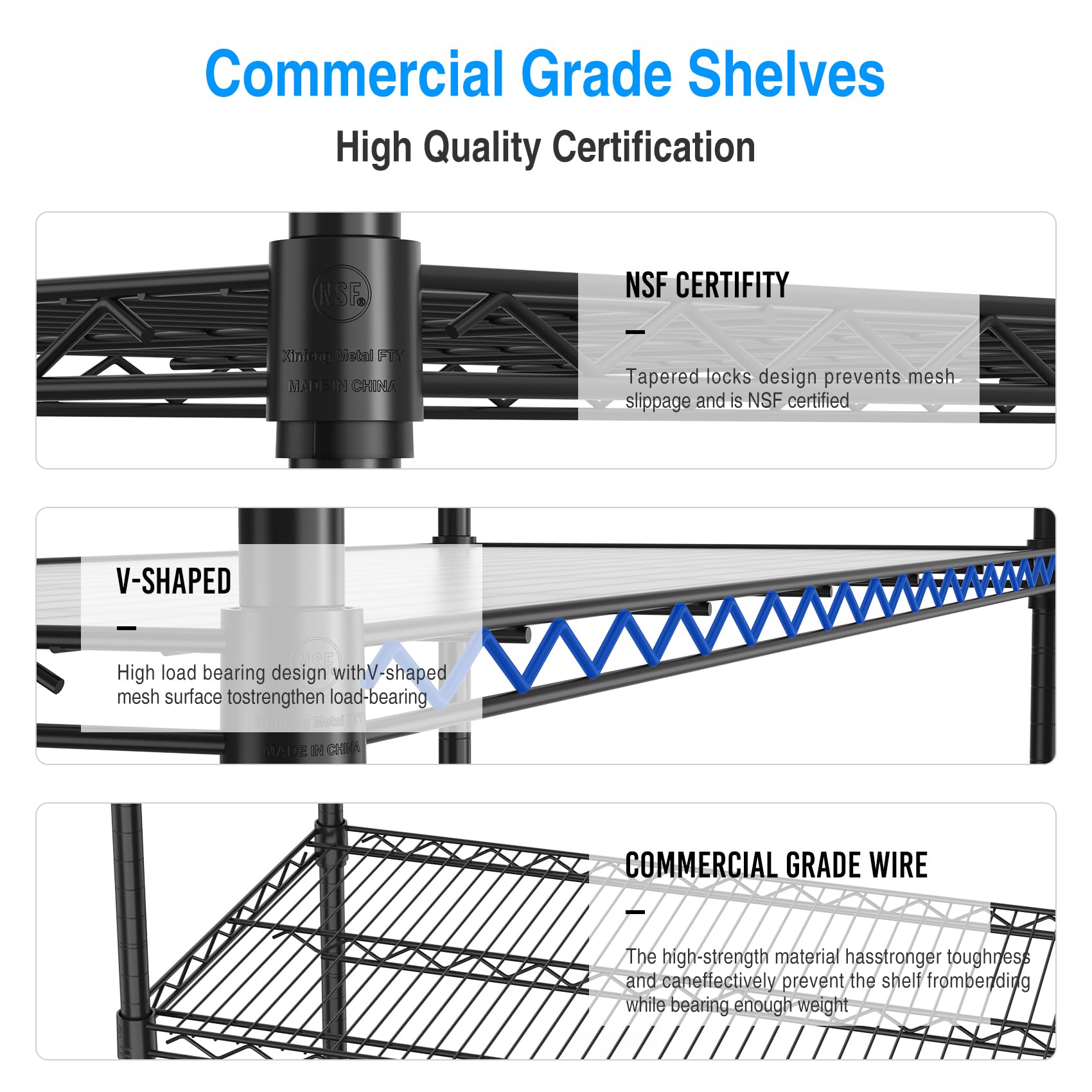 Metal Shelf Wire Shelving Unit, NSF 6 Tier 6000lbs Heavy Duty Adjustable Storage Rack with 5in Wheels and Shelf Liners for Commercial Grade Utility Steel Storage Rack - 20" D x 48" L x 84.5" H Black