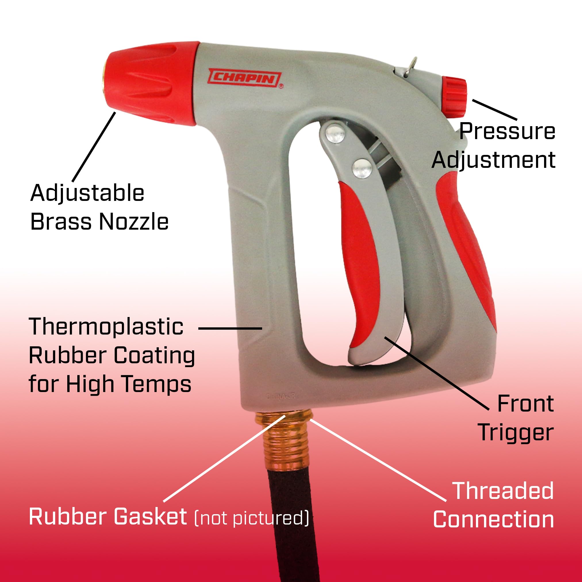 Chapin 4695: Industrial High Temp, High Pressure Front Grip Spray Nozzle with Threaded Connection, Rated Up to 160°F and 125 PSI, Red/Black