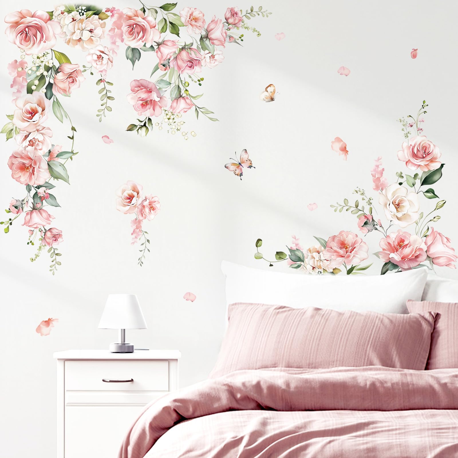 decalmile Spring Large Pink Flower Wall Decals Hanging Vine Floral Wall Stickers Baby Nursery Girls Bedroom Living Room Wall Decor