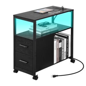 rietolax narrow side table with charging station, end table with led light, black nightstand with 2 drawers, 3-tier storage, wheels and usb ports & outlets for bedroom