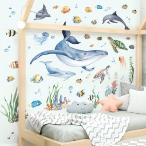 decalmile Watercolor Under The Sea Whale Wall Stickers Ocean Fish Sea Turtle Seaweed Underwater Wall Decals Bathroom Baby Nursery Bedroom Wall Decor