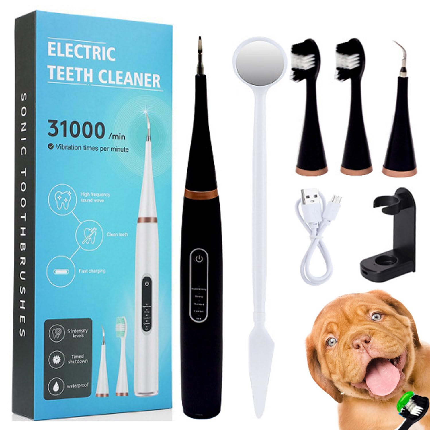 Yunbim Canident Dog Toothbrush, 5 Adjustable Strengths, IPX6 Waterproof, Removes Tartar, Ultra Soft, Reusable, Includes 2 Toothbrush Heads, Black-c