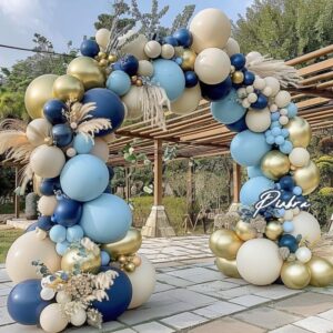 Navy Blue Balloon Garland Double Stuffed Dusty Blue White Sand Balloons Slate Blue Beige Cream Balloon Arch Kit Metallic Gold Balloons For Neutral Baby Shower Graduation Birthday Party Decoration