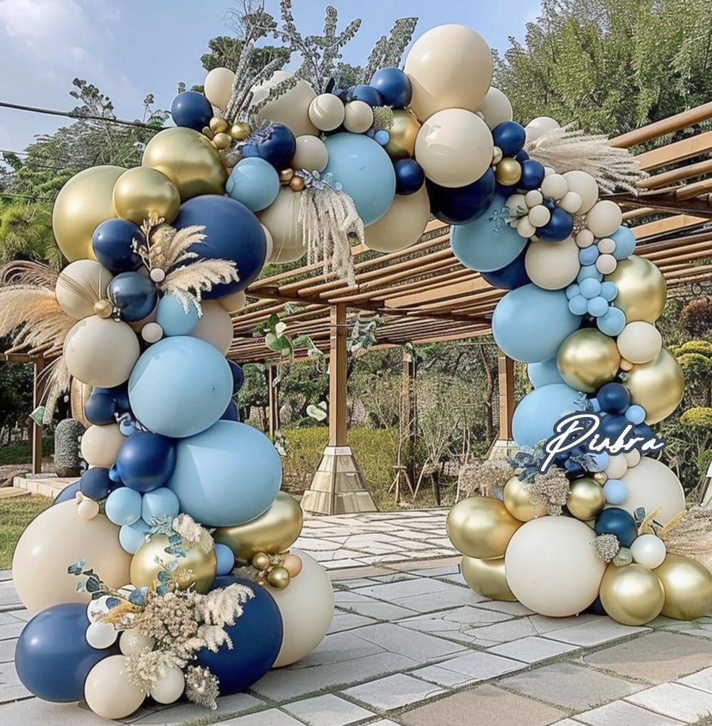 Navy Blue Balloon Garland Double Stuffed Dusty Blue White Sand Balloons Slate Blue Beige Cream Balloon Arch Kit Metallic Gold Balloons For Neutral Baby Shower Graduation Birthday Party Decoration