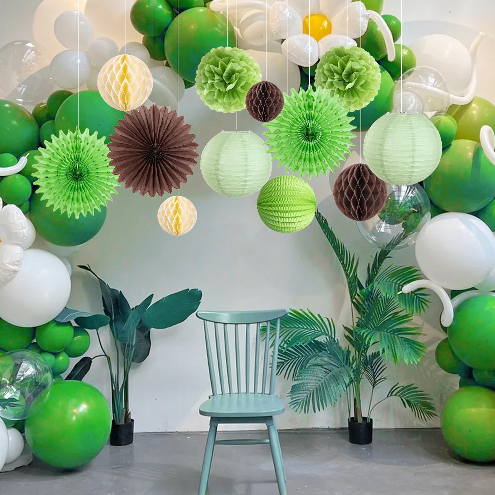 12Pcs Green and Brown Party Decorations Paper Tissue Pom Poms Honeycomb Balls Paper Fans Hanging Deco Green Lanterns for Jungle Safari Summer Birthday Wedding Party