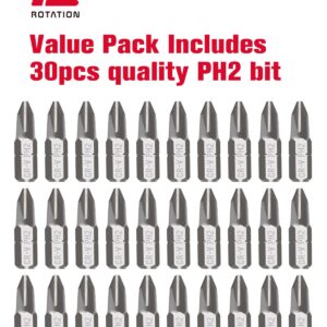 ROTATION 30-Piece Phillips #2 Bit Set PH2, Impact Grade, 1/4-inch Hex Shank, Chrome Vanadium Steel