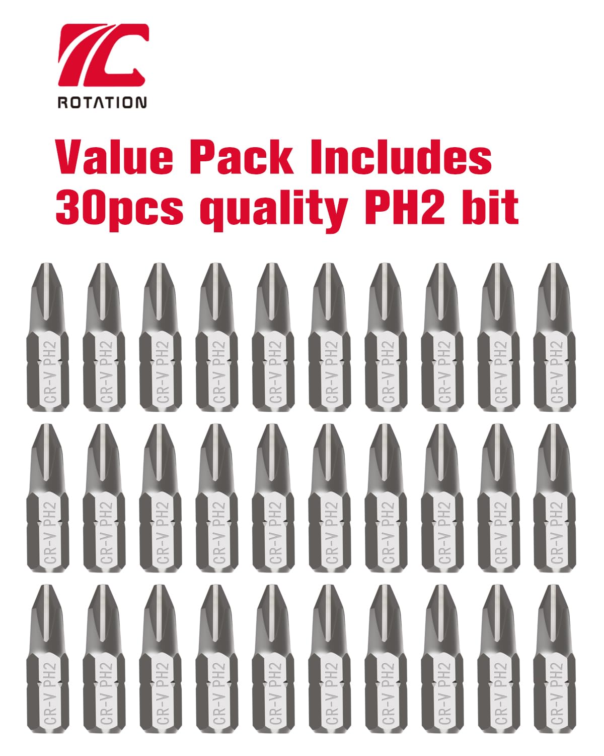 ROTATION 30-Piece Phillips #2 Bit Set PH2, Impact Grade, 1/4-inch Hex Shank, Chrome Vanadium Steel