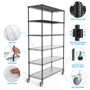 Metal Shelf Wire Shelving Unit, NSF 6 Tier 6000lbs Heavy Duty Adjustable Storage Rack with 5in Wheels and Shelf Liners for Commercial Grade Utility Steel Storage Rack - 20" D x 48" L x 84.5" H Black