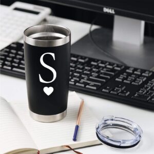 COFOZA Initial Gifts for Woman Men Letter S 20oz Stainless Steel Black Tumbler Cup Monogram Mug Personalized Birthday Graduation Wedding Bridesmaid Groomsman Proposal Engagement Christmas Gift (S)