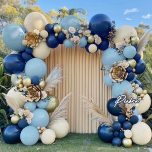 Navy Blue Balloon Garland Double Stuffed Dusty Blue White Sand Balloons Slate Blue Beige Cream Balloon Arch Kit Metallic Gold Balloons For Neutral Baby Shower Graduation Birthday Party Decoration