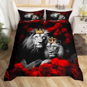 jejeloiu wild lion couple bedding set queen size couple red rose floral comforter cover set for girls women lover gold king and queen crown duvet cover valentine's day bedspread cover room decor