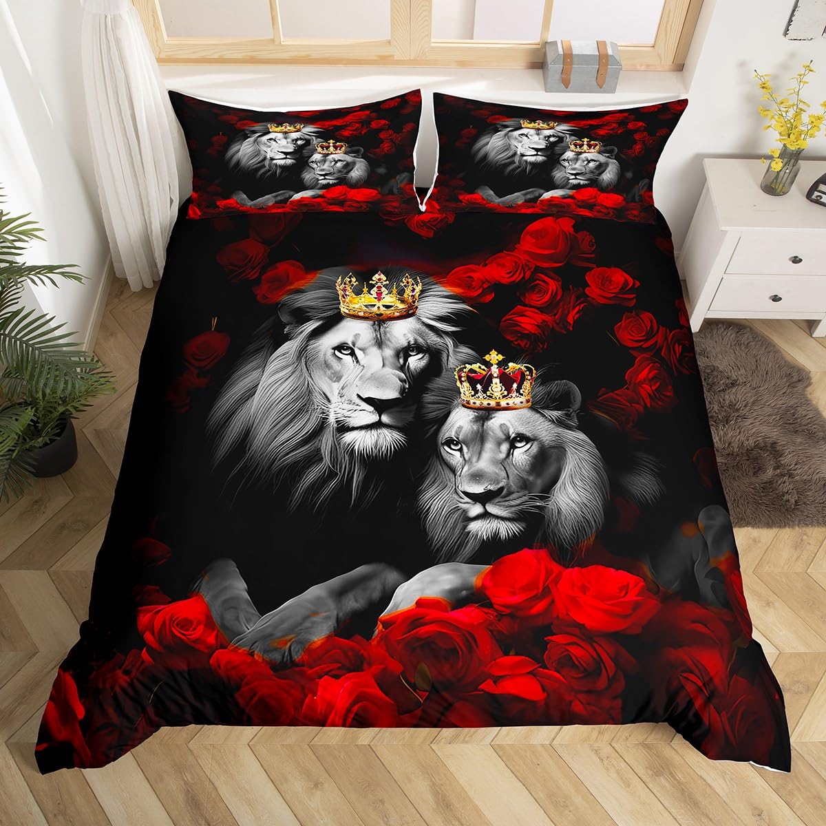 jejeloiu Wild Lion Couple Bedding Set Queen Size Couple Red Rose Floral Comforter Cover Set for Girls Women Lover Gold King and Queen Crown Duvet Cover Valentine's Day Bedspread Cover Room Decor