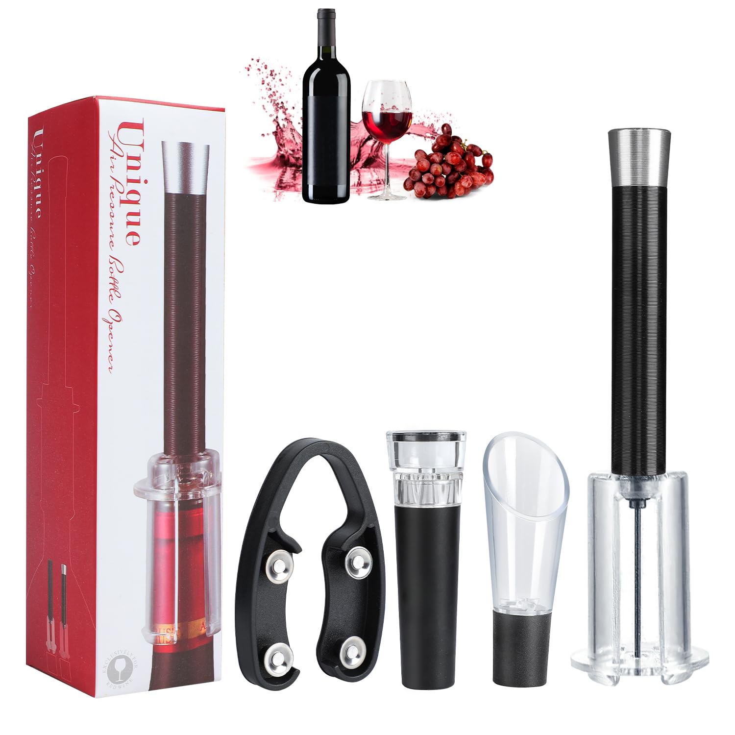 Wino on the Go Wine Opening Set, Air Pump Wine Bottle Opener Set, The Perfect Wine Opener, Wine Aerator Pourer Spout, Momentum Wine Opening Set, Wine Opener Pump(Aluminum head,Black)