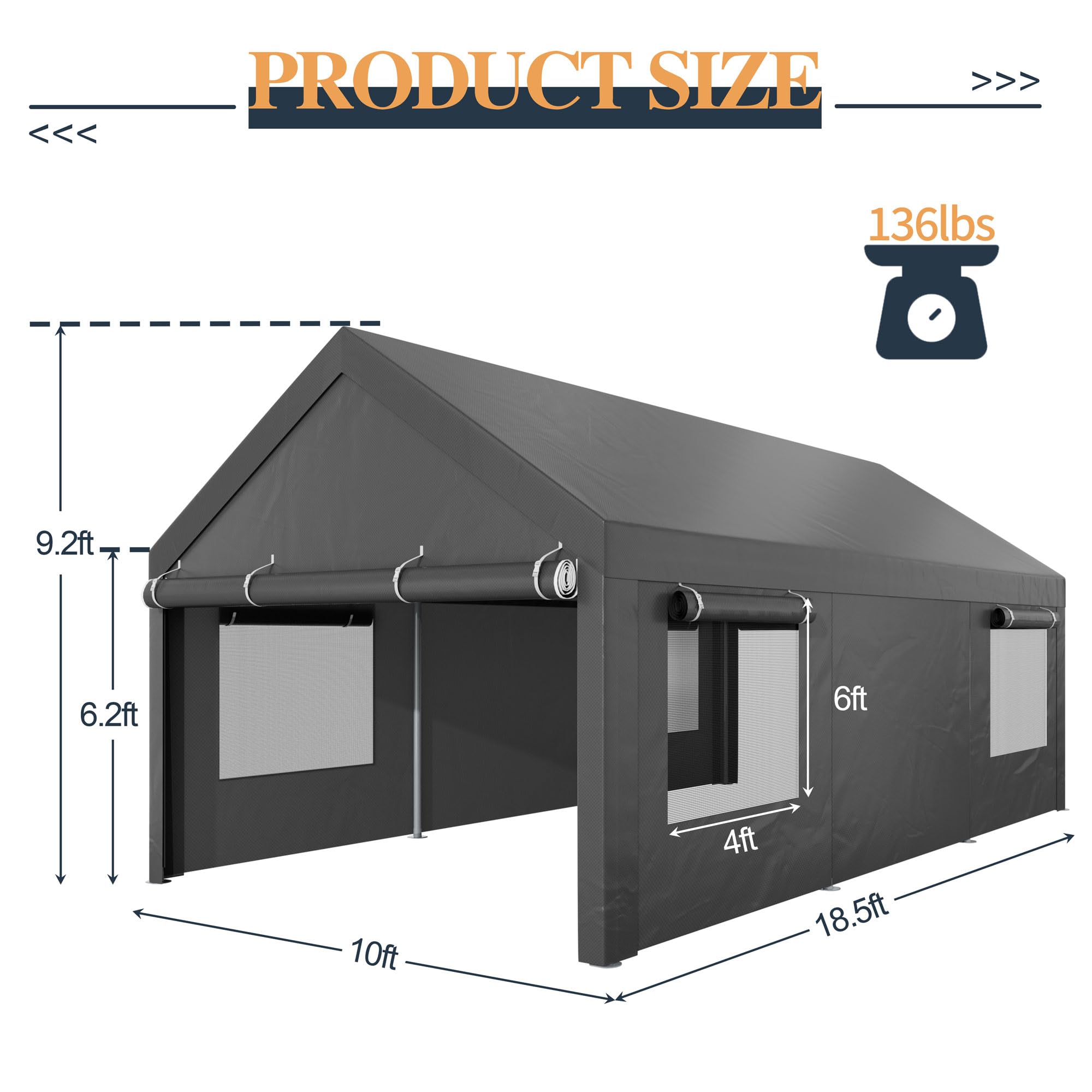 Shintenchi 10x18.5ft Heavy Duty Carport, Portable Garage with Removable Sidewalls, Doors and Ventilated Windows, All-Season Tarp, UV Resistant Waterproof Carport Canopy for Outdoor (Grey)