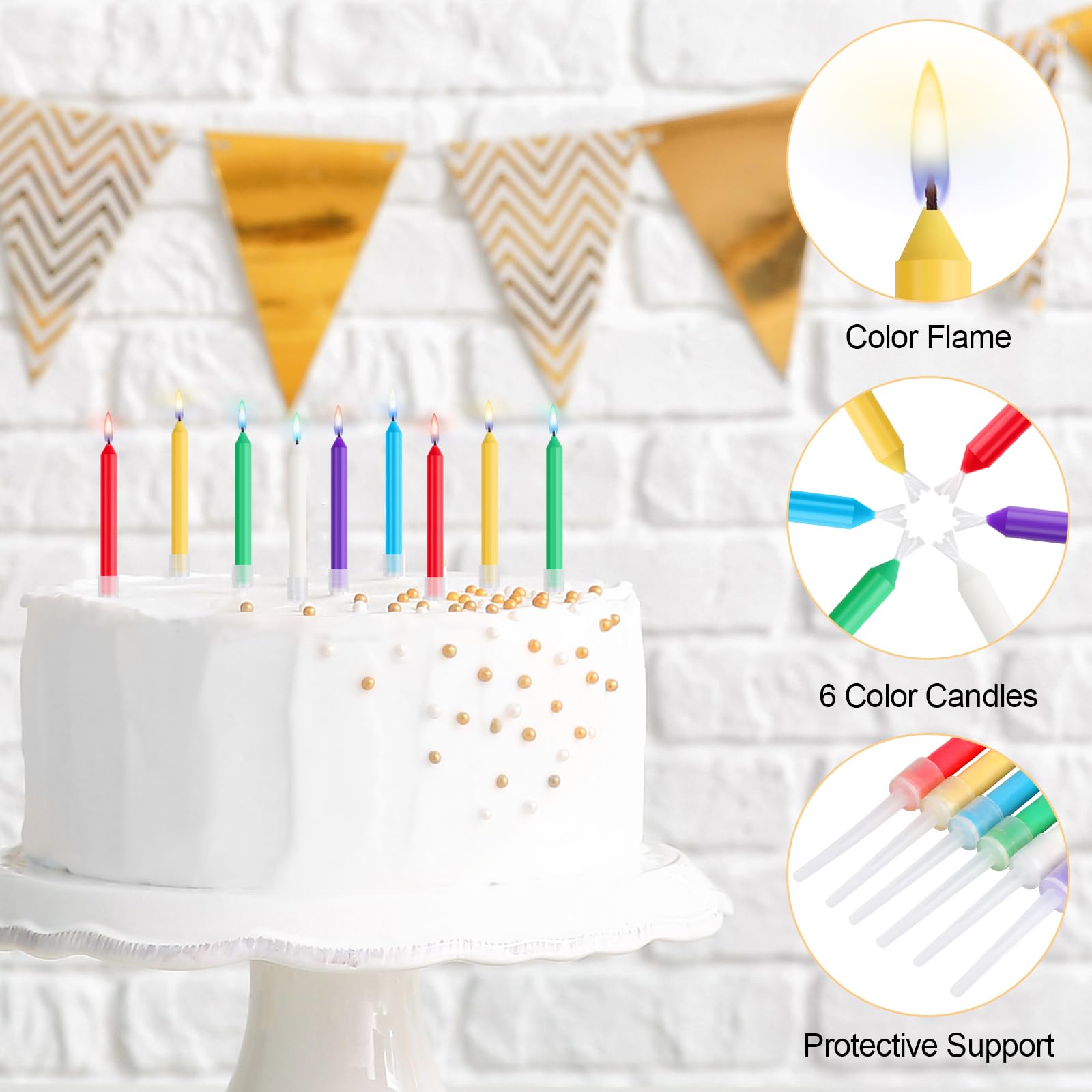 Phinus 18pcs Colorful Flame Birthday Candles, 2.2in Colorful Birthday Candles for Cake, Birthday Candles Colorful Candles Holders Included