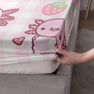 HOSIMA Axolotl Fitted Sheet Set Twin Size for Kids Girls,Pink Cartoon Axolotl Eat Dessert Printing Bedding Set Twin Size for Princess Bedroom Decor,1 Fitted Sheet+2 Pillowcases.