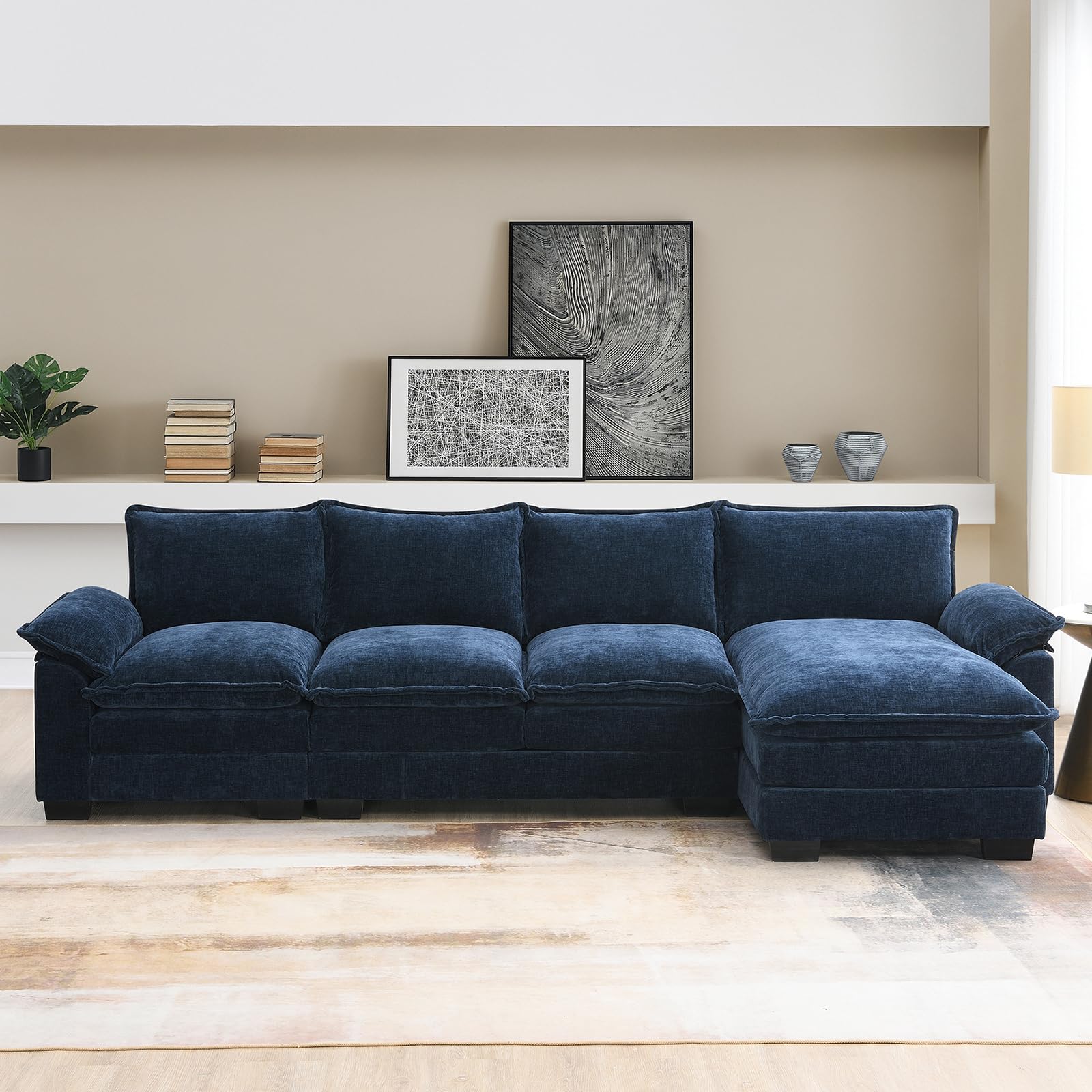 KIVENJAJA 118” Chenille Modular Sectional Sofa Couch, Modern L-Shaped 4-Seater Cloud Sleeper Couches with Chaise & Deep Seat for Living Room Office Apartment, Navy Blue