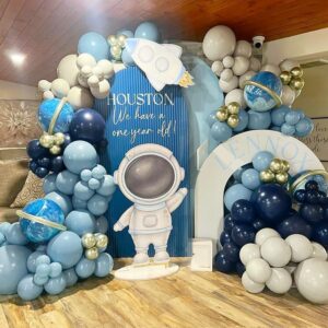 Navy Blue Balloon Garland Double Stuffed Dusty Blue White Sand Balloons Slate Blue Beige Cream Balloon Arch Kit Metallic Gold Balloons For Neutral Baby Shower Graduation Birthday Party Decoration