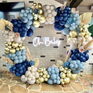 Navy Blue Balloon Garland Double Stuffed Dusty Blue White Sand Balloons Slate Blue Beige Cream Balloon Arch Kit Metallic Gold Balloons For Neutral Baby Shower Graduation Birthday Party Decoration