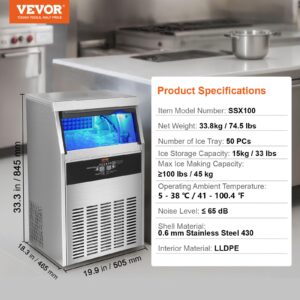 VEVOR Commercial Ice Maker Machine, 100lbs/24H Ice Maker Machine with 33lbs Storage Capacity, 50 Ice Cubes in 12-15 Minutes, Built in Electric Drain Pump Ice Maker for Bar Home Office Restaurant