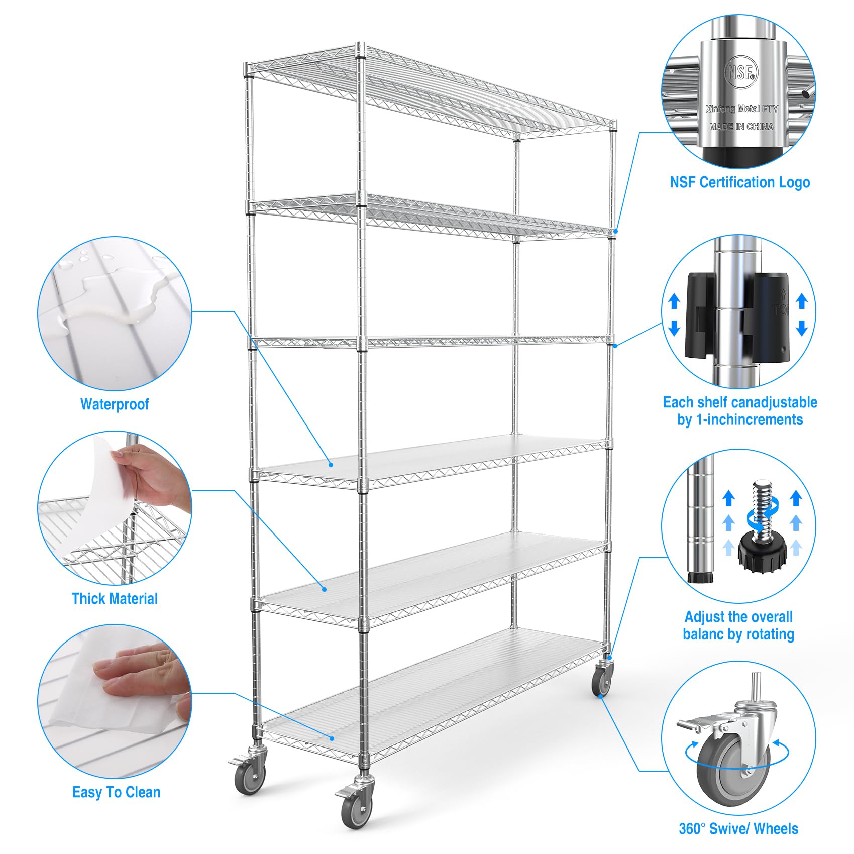 Metal Shelf Wire Shelving Unit, Heavy Duty NSF 6 Tier 6000lbs Adjustable Storage Rack Commercial Grade Utility Steel Storage Rack with 5in Wheels and Shelf Liners - 18" D x 60" L x 87.5" H- Chrome