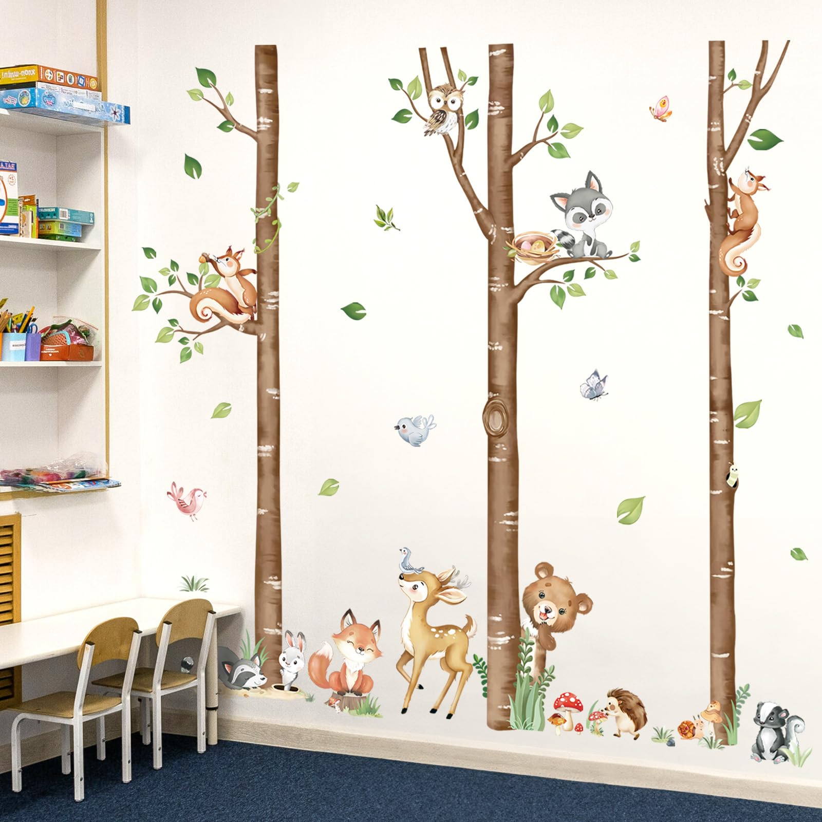 decalmile Large Birch Tree Forest Animals Wall Stickers Bear Rabbit Fox Deer Wall Decals Baby Nursery Toddler Bedroom Living Room Wall Decor(H: 63inches/ 160cm)