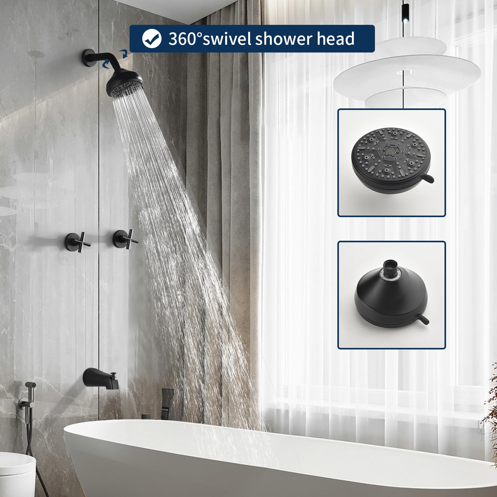 2 Handle Shower Faucet Set with Tub Spout Bathtub Shower Faucet Combo Set Shower System Complete Tub and Shower Trim Kit Matte Black Wall Mounted Shower Fixtures