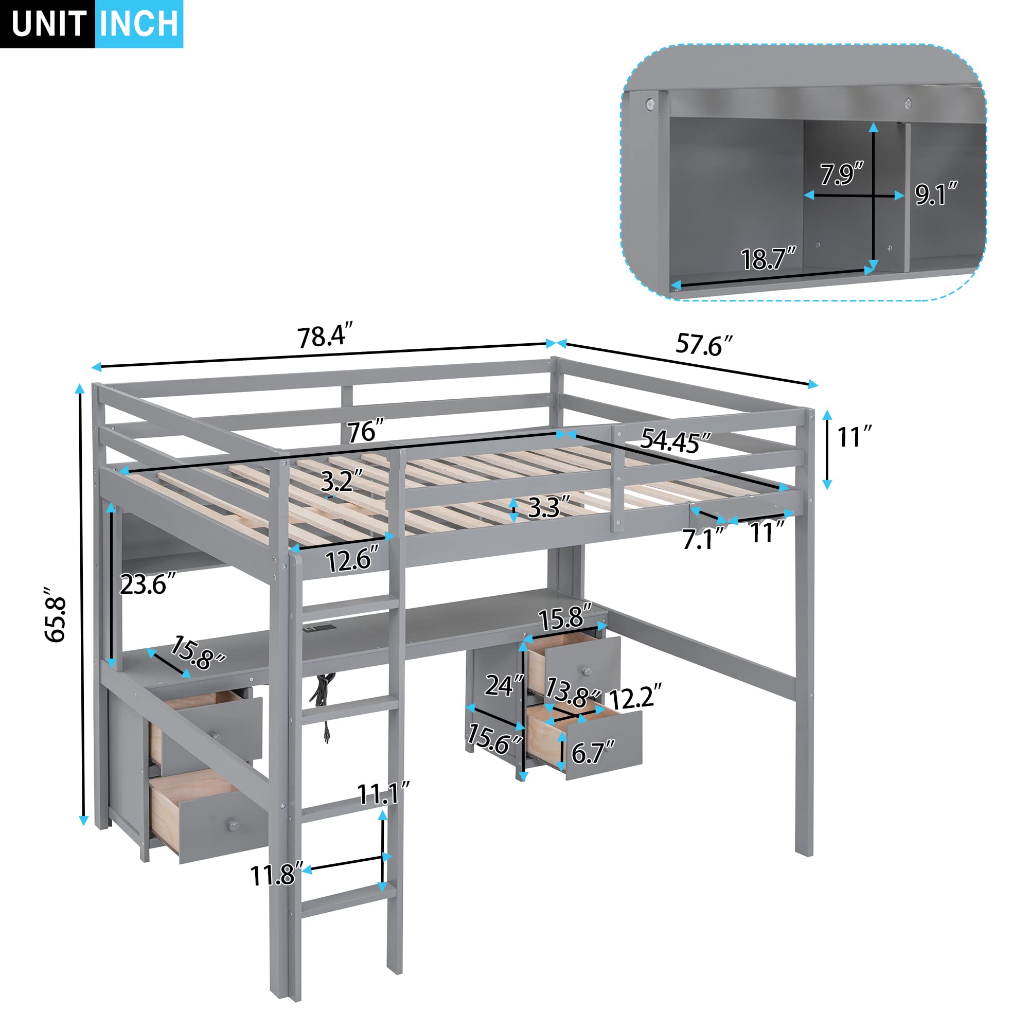 KTATK Full Size Loft Bed with Desk and Cabinets,Multifunctional Storage Solid Wood Bed Frame w/Drawers,Bedside Tray,Charging Station,Integrated Ladder,for Bedroom,Apartment,Grey