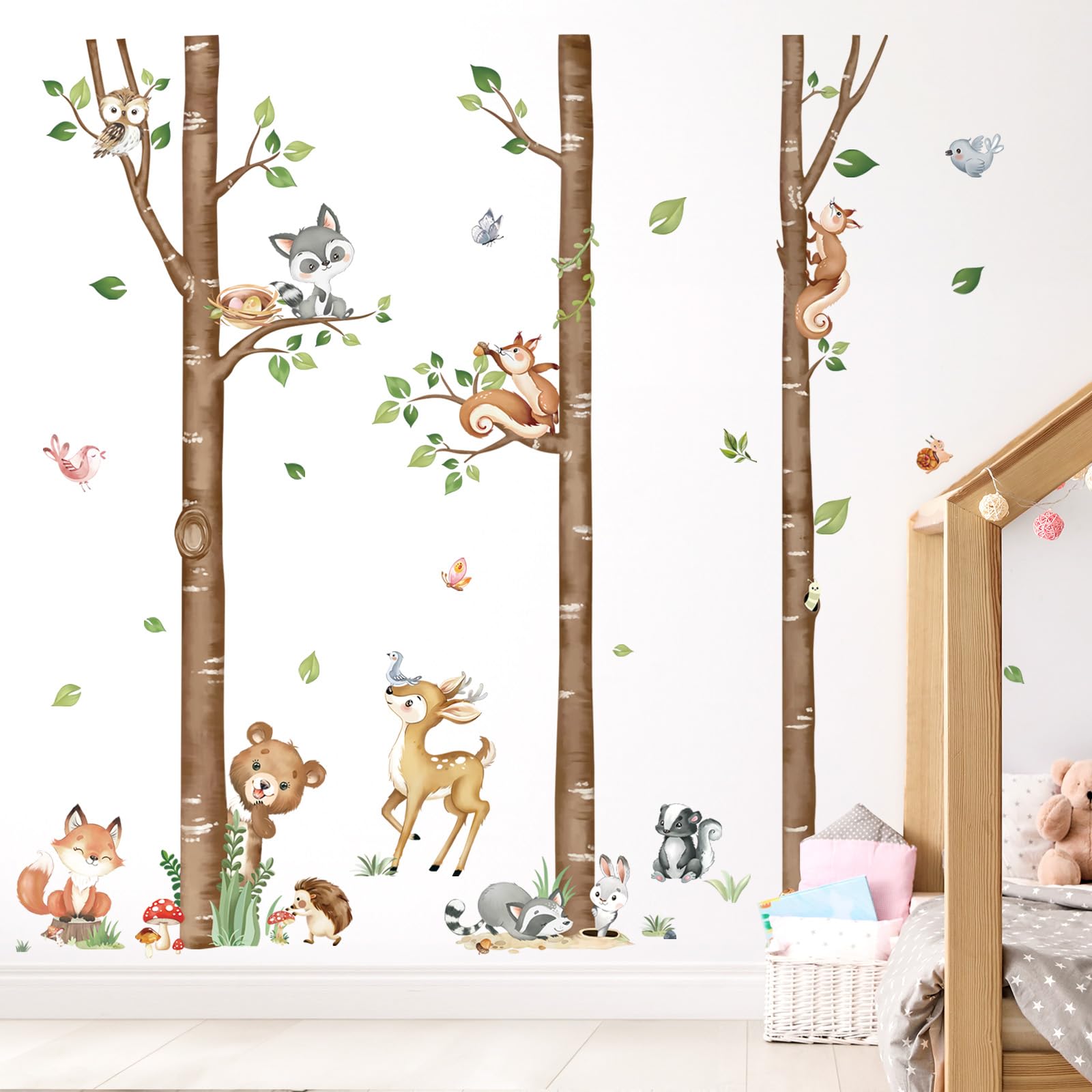 decalmile Large Birch Tree Forest Animals Wall Stickers Bear Rabbit Fox Deer Wall Decals Baby Nursery Toddler Bedroom Living Room Wall Decor(H: 63inches/ 160cm)