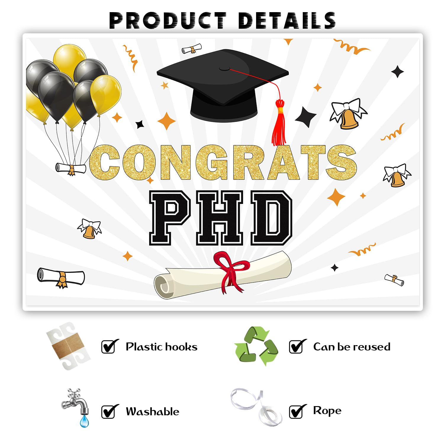 INNORU Congrats PHD Backdrop Banner, PHinally Done Graduation Photography Backdrop Durable Fabric Congrats Grad Banner Congratulations Graduate Graduation Party Decorations Photo Booth Props 6x4ft